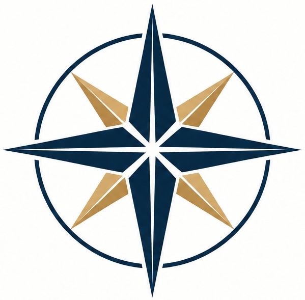 Meridian compass logo: navy and gold compass points inside a circle
